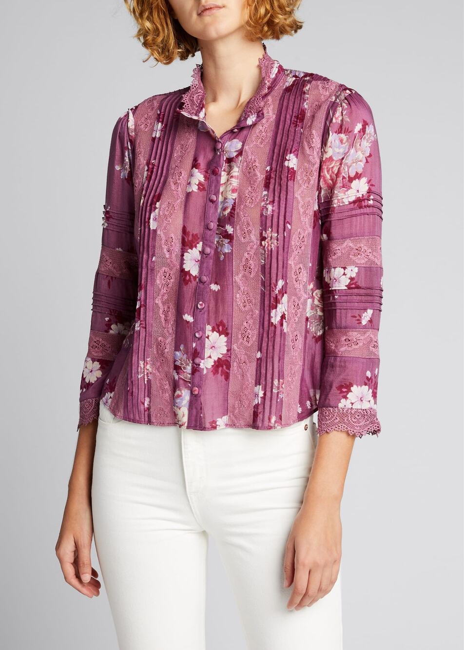LOVESHACKFANCY Cory Top Plum Floral Womens Small 3/4 Sleeve Boho Beach Vacation